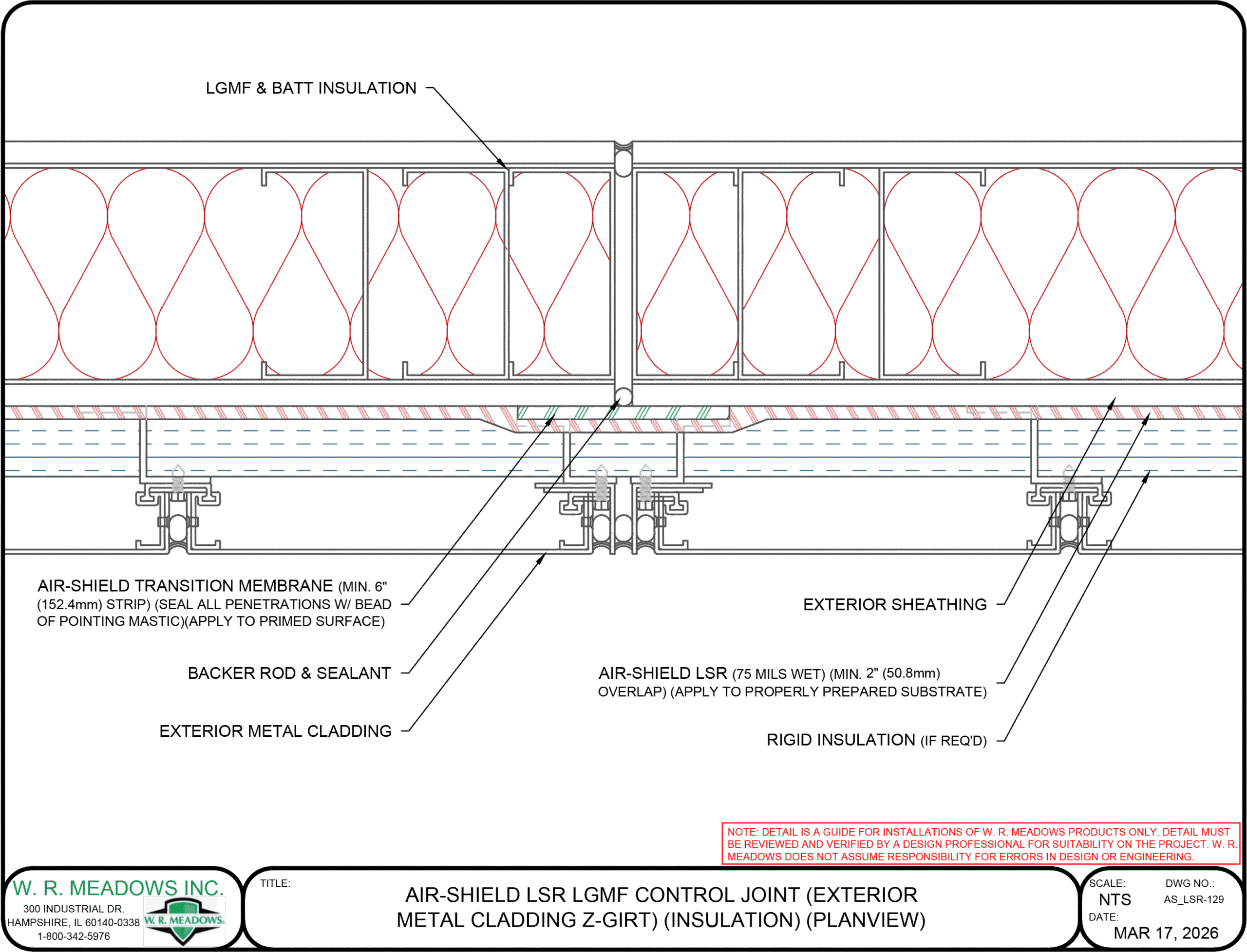 AIR-SHIELD LSR LGMF control joint detail with exterior metal cladding, Z-girt, and insulation