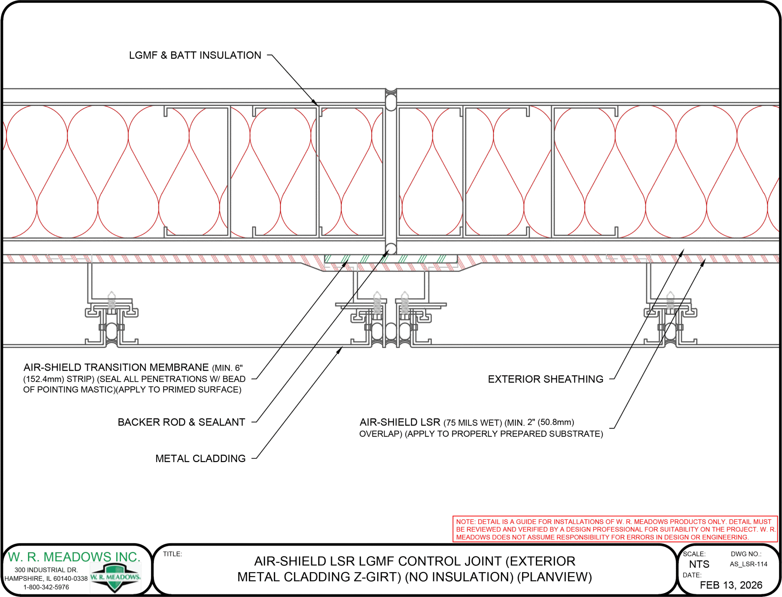 AIR-SHIELD LSR LGMF control joint detail with exterior metal cladding, Z-girt, and no insulation