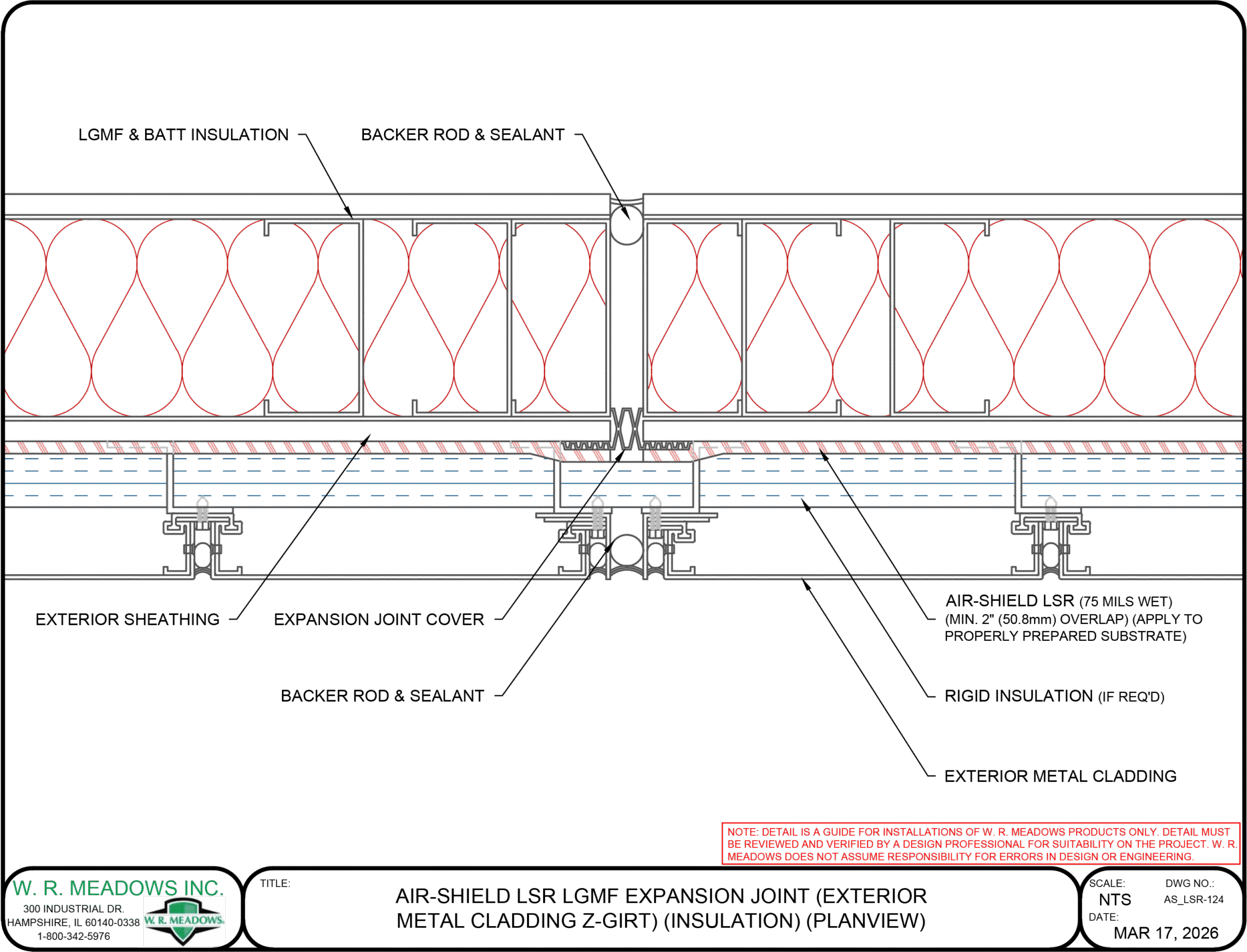 AIR-SHIELD LSR LGMF expansion joint detail with exterior metal cladding, Z-girt, and insulation