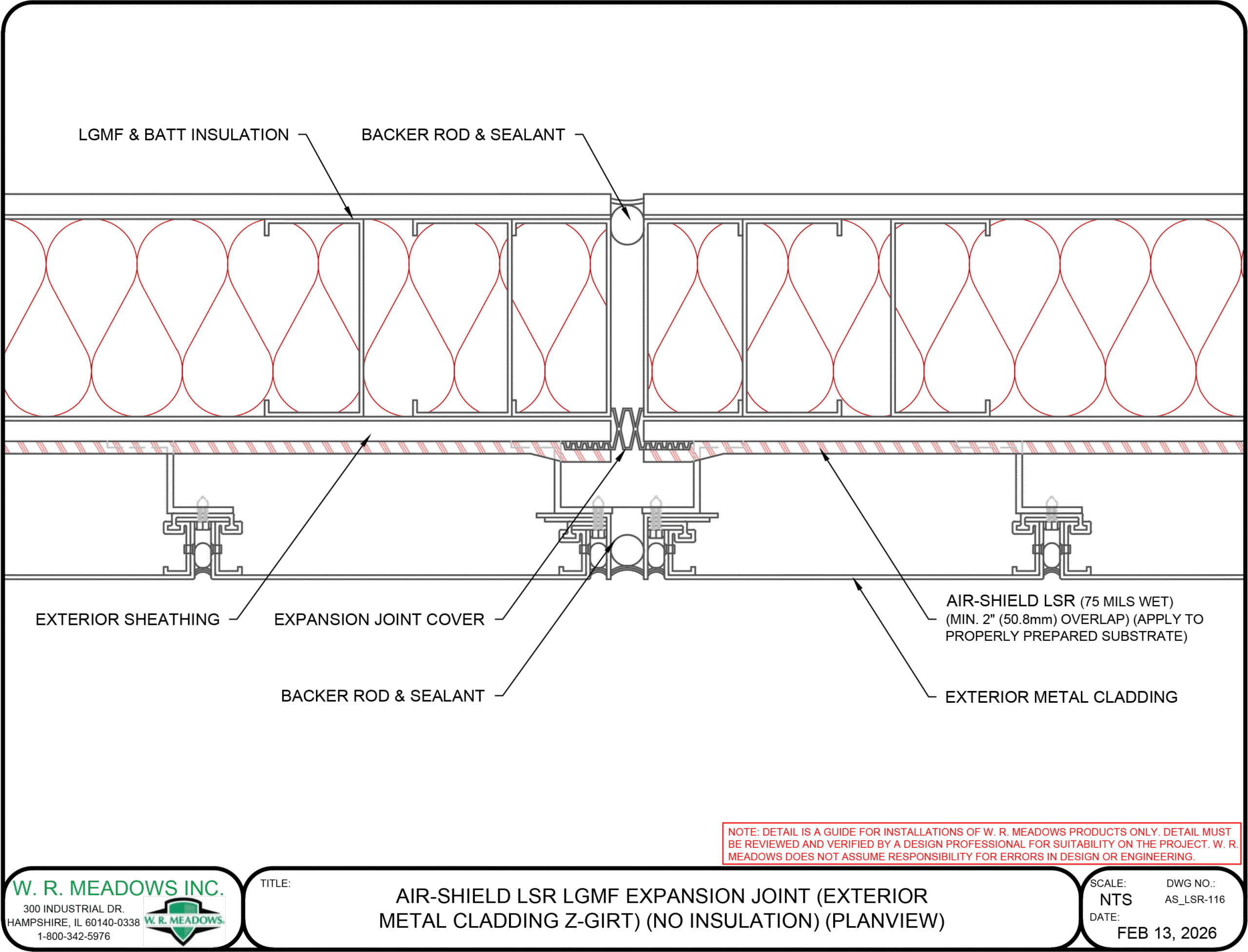 AIR-SHIELD LSR LGMF expansion joint detail with exterior metal cladding, Z-girt, and no insulation