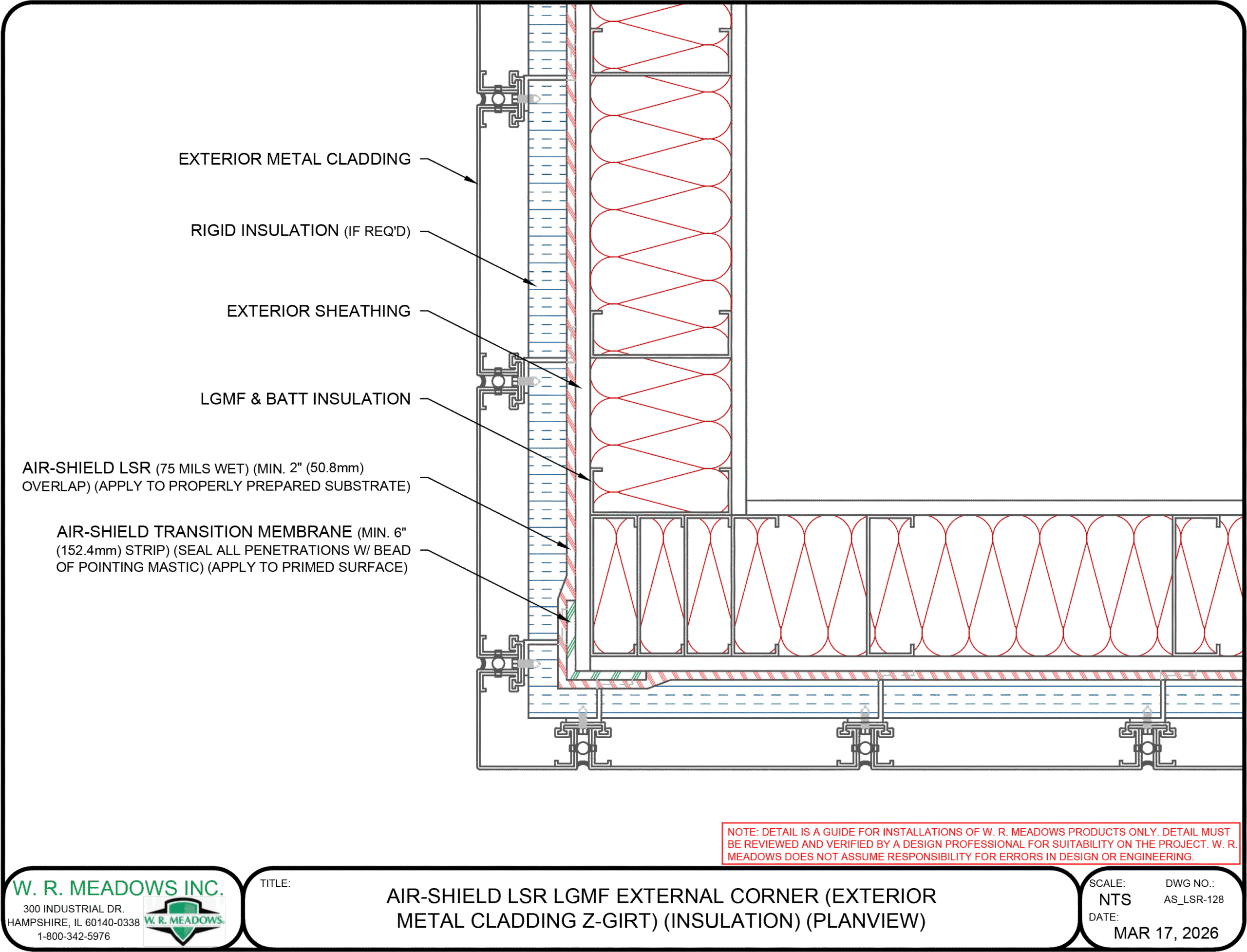 AIR-SHIELD LSR LGMF external corner detail with exterior metal cladding, Z-girt, and insulation