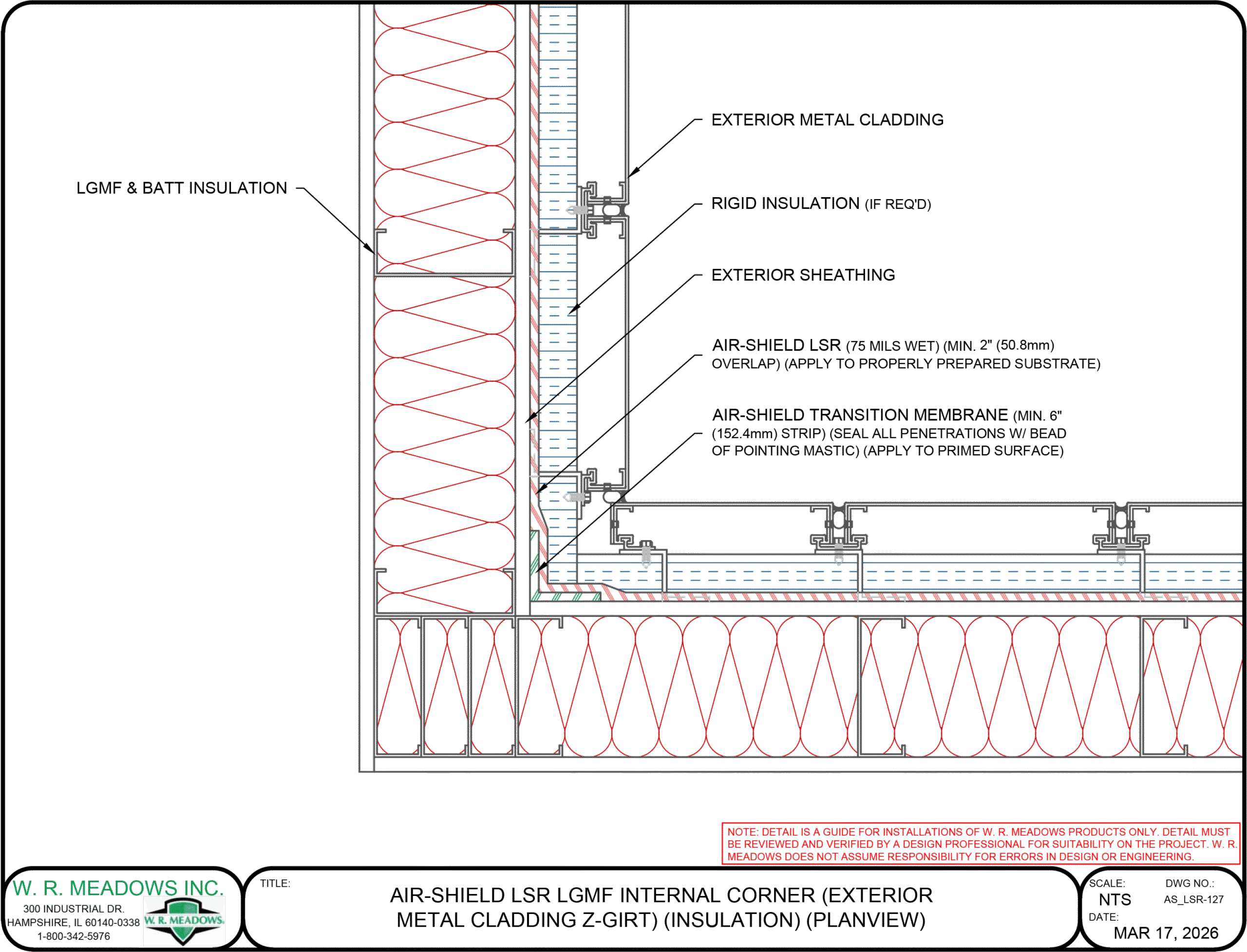 AIR-SHIELD LSR LGMF internal corner detail with exterior metal cladding, Z-girt, and insulation