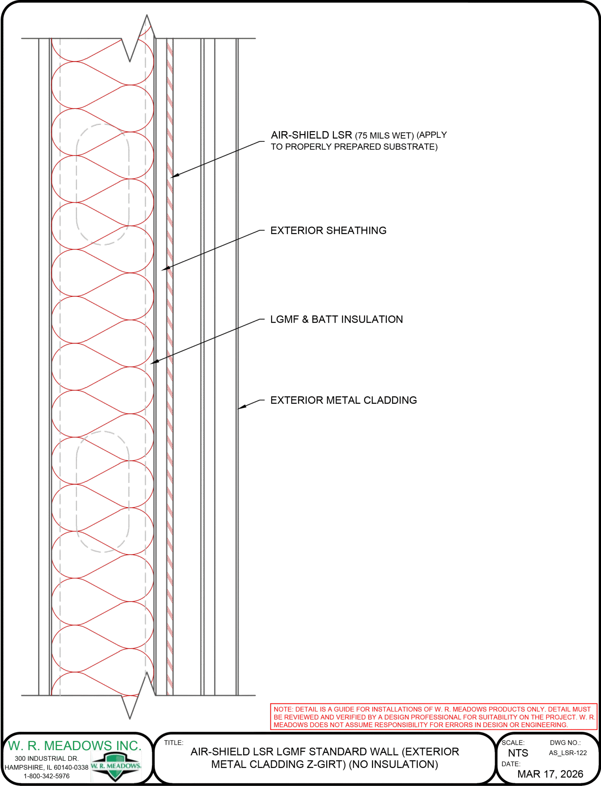 AIR-SHIELD LSR LGMF standard wall detail with exterior metal cladding, Z-girt, and no insulation