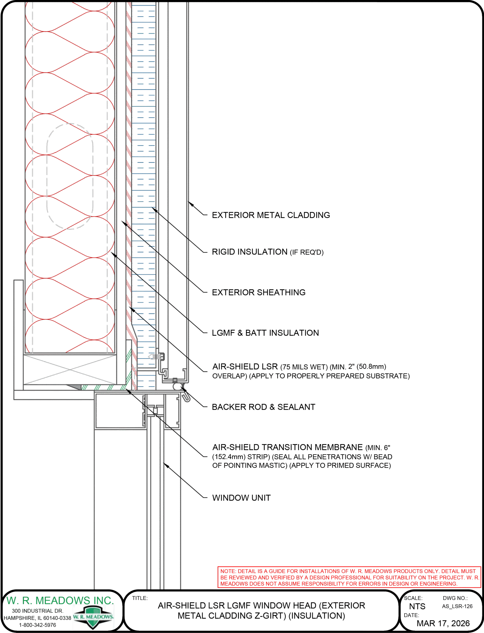 AIR-SHIELD LSR LGMF window head detail with exterior metal cladding, Z-girt, and insulation