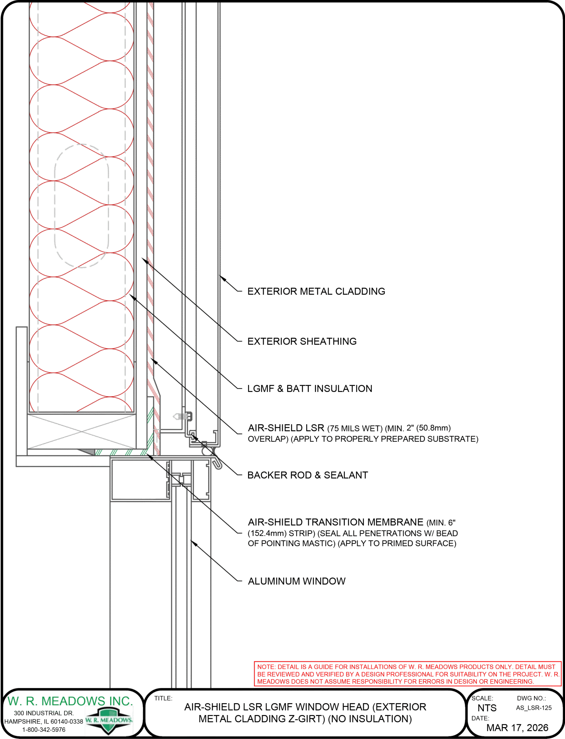 AIR-SHIELD LSR LGMF window head detail with exterior metal cladding, Z-girt, and no insulation