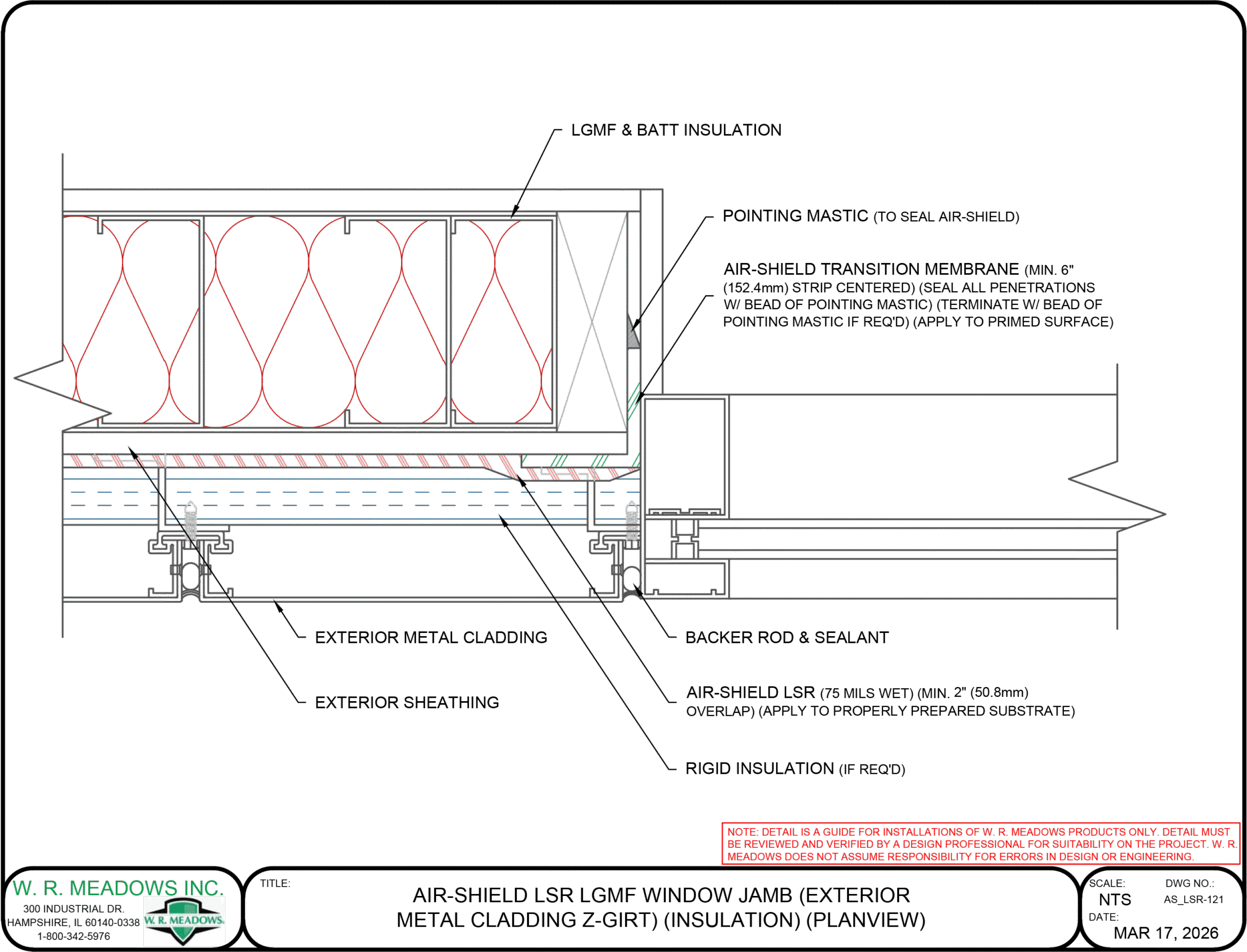 AIR-SHIELD LSR LGMF window jamb detail with exterior metal cladding, Z-girt, and insulation
