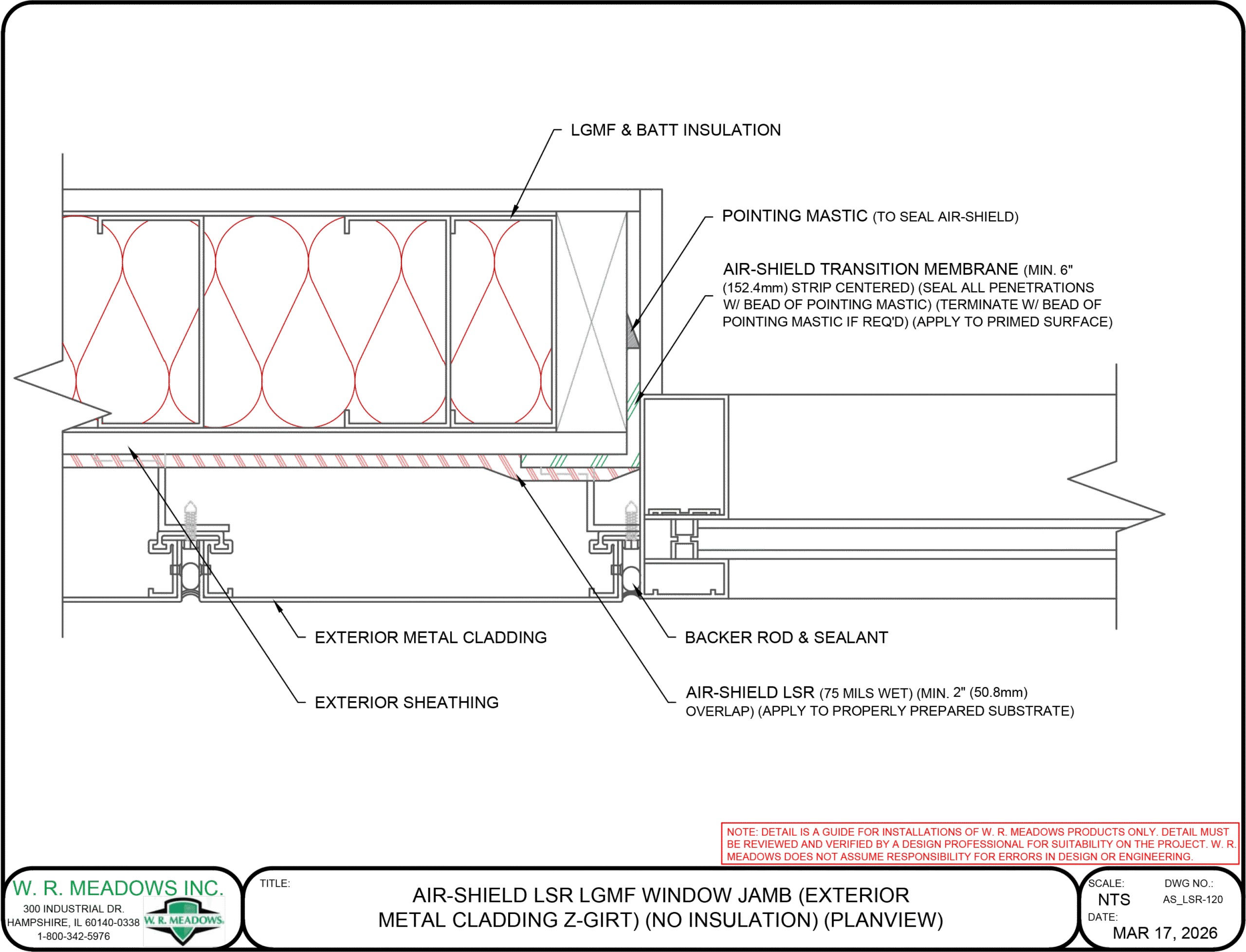 AIR-SHIELD LSR LGMF window jamb detail with exterior metal cladding, Z-girt, and no insulation