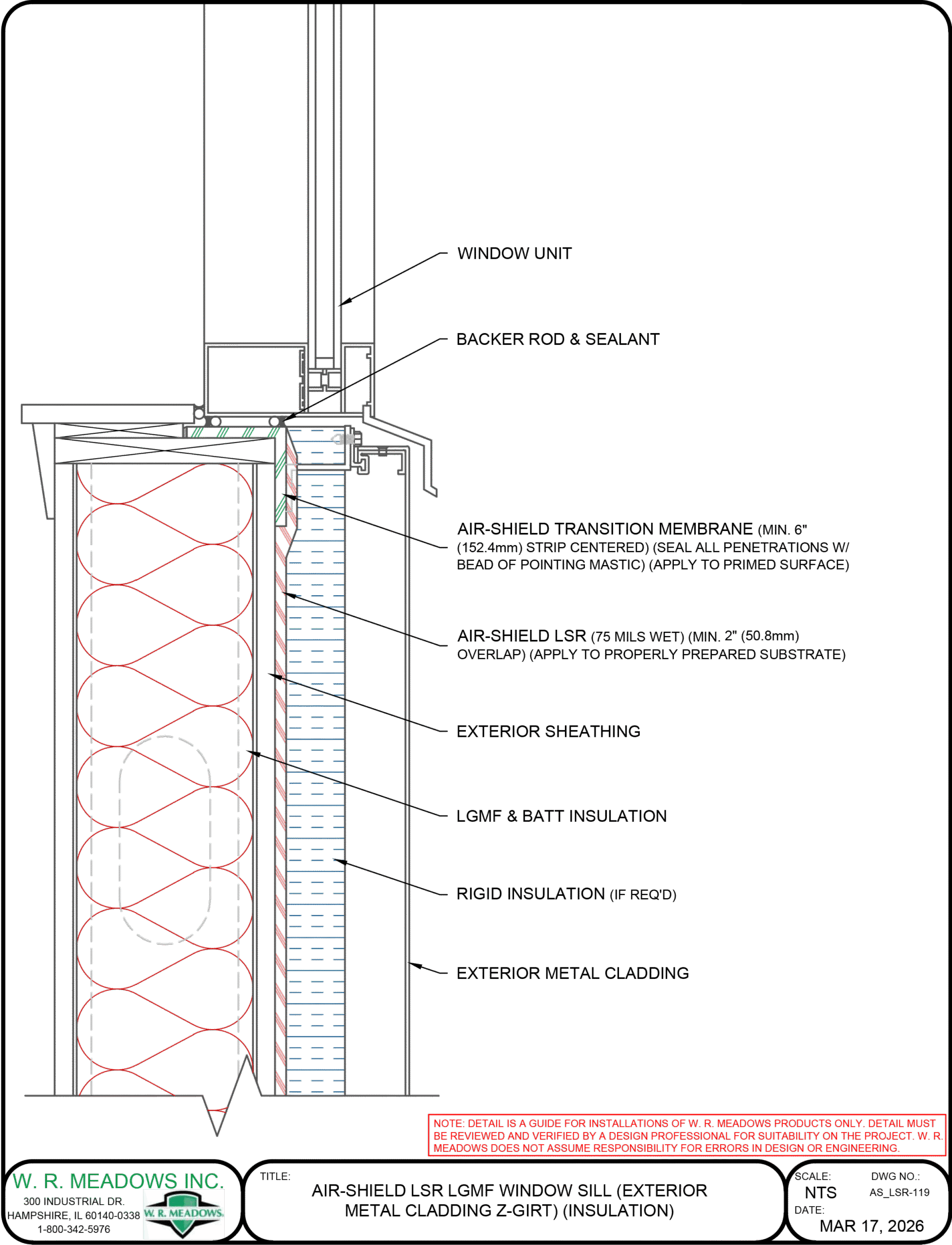 AIR-SHIELD LSR LGMF window sill detail with exterior metal cladding, Z-girt, and insulation