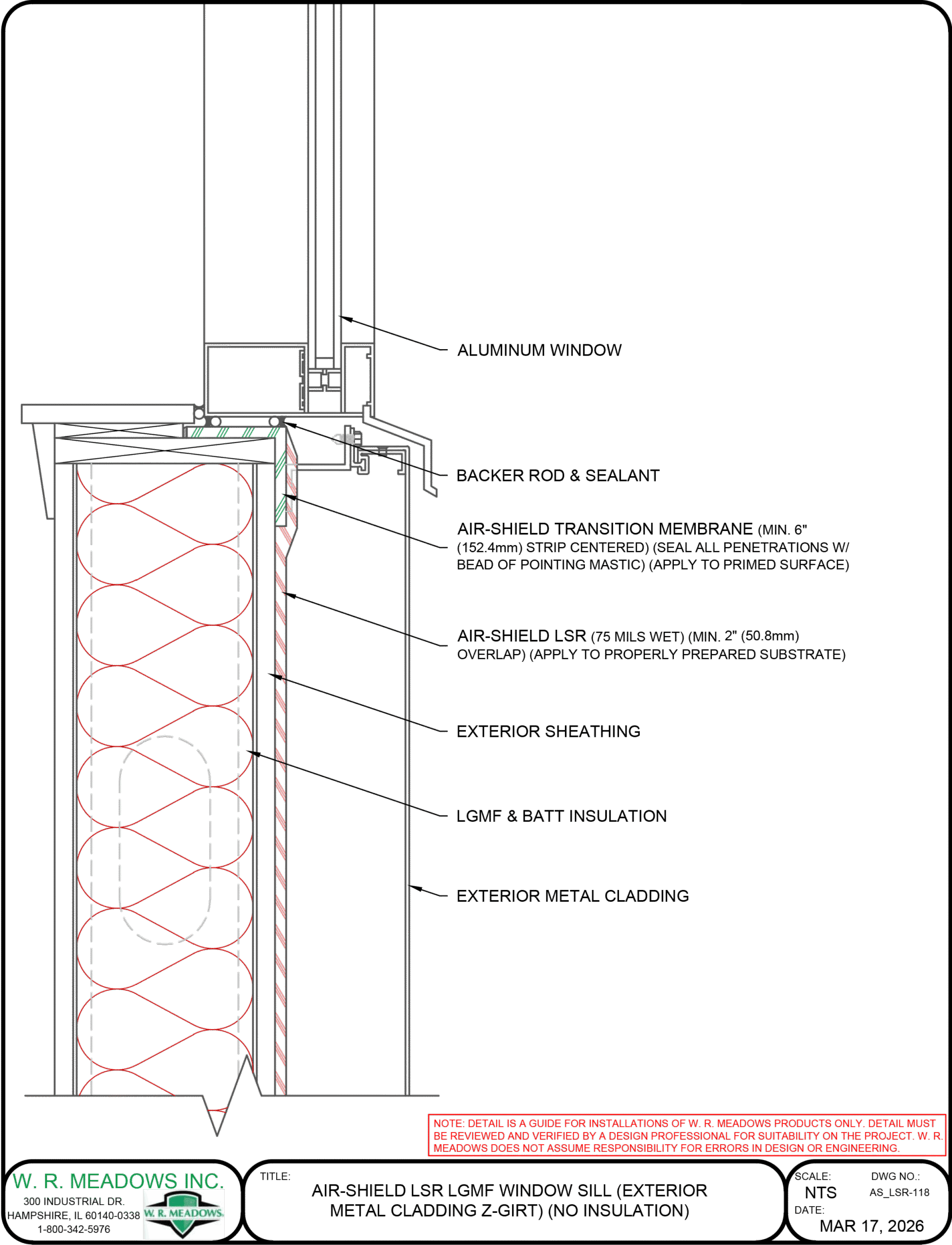 AIR-SHIELD LSR LGMF window sill detail with exterior metal cladding, Z-girt, and no insulation
