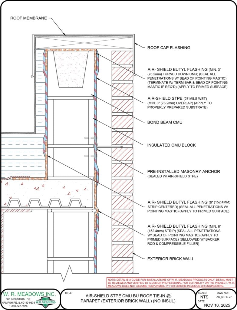 AIR-SHIELD STPE CMU BU ROOF TIE-IN @ PARAPET (EXTERIOR BRICK WALL) (NO INSUL)