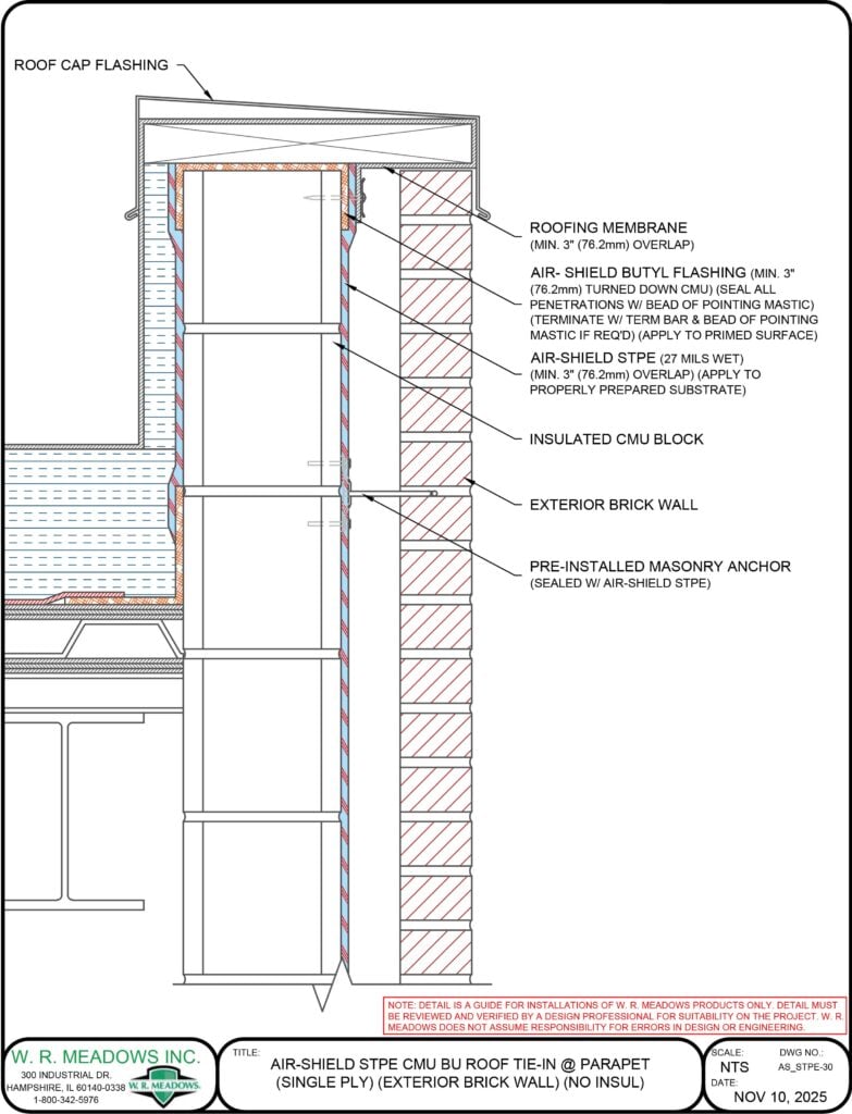 AIR-SHIELD STPE CMU BU ROOF TIE-IN @ PARAPET (SINGLE PLY) (EXTERIOR BRICK WALL) (NO INSUL)