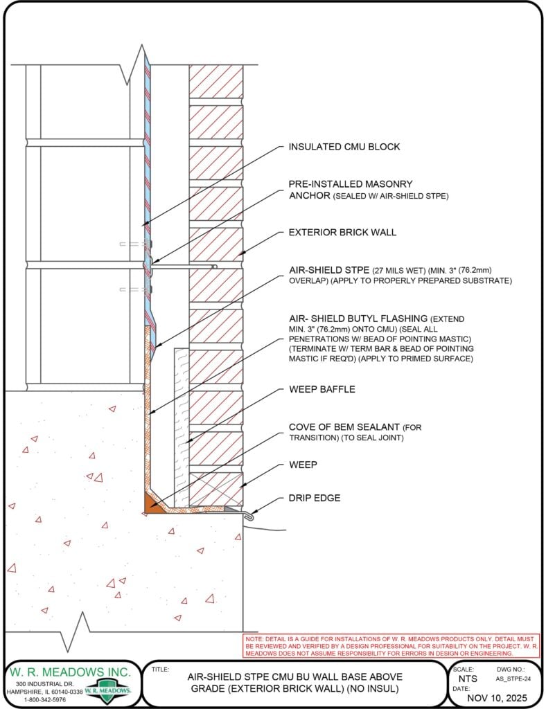 AIR-SHIELD STPE CMU BU WALL BASE ABOVE GRADE (EXTERIOR BRICK WALL) (NO INSUL)