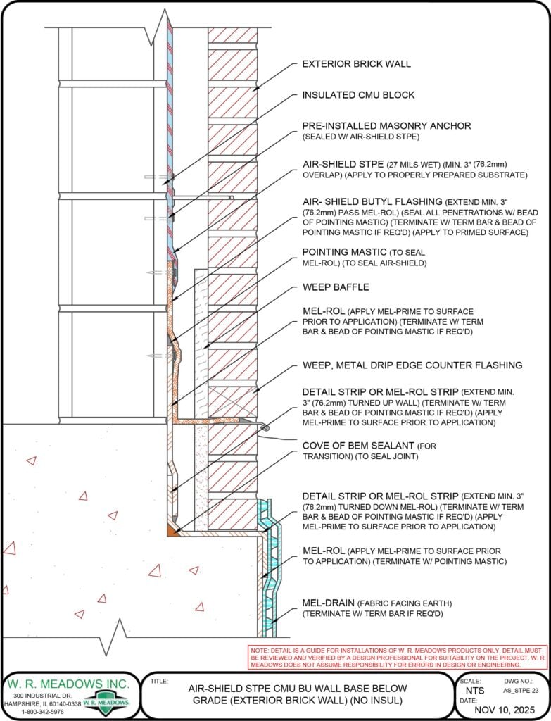 AIR-SHIELD STPE CMU BU WALL BASE BELOW GRADE (EXTERIOR BRICK WALL) (NO INSUL)