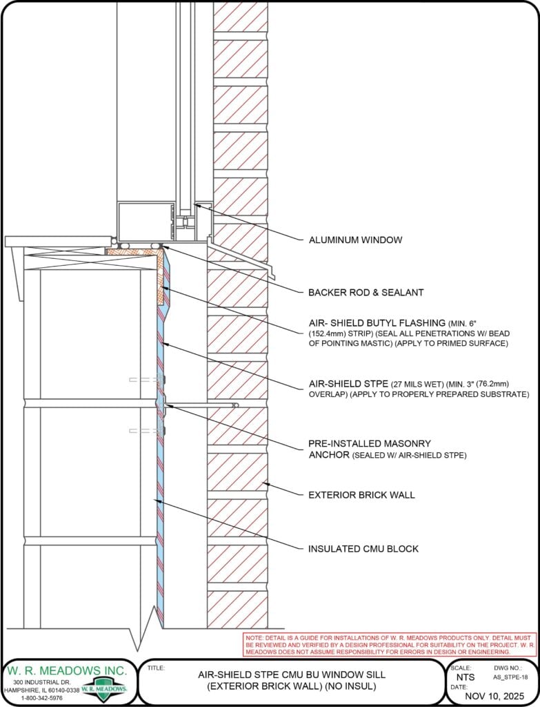 AIR-SHIELD STPE CMU BU WINDOW SILL (EXTERIOR BRICK WALL) (NO INSUL)