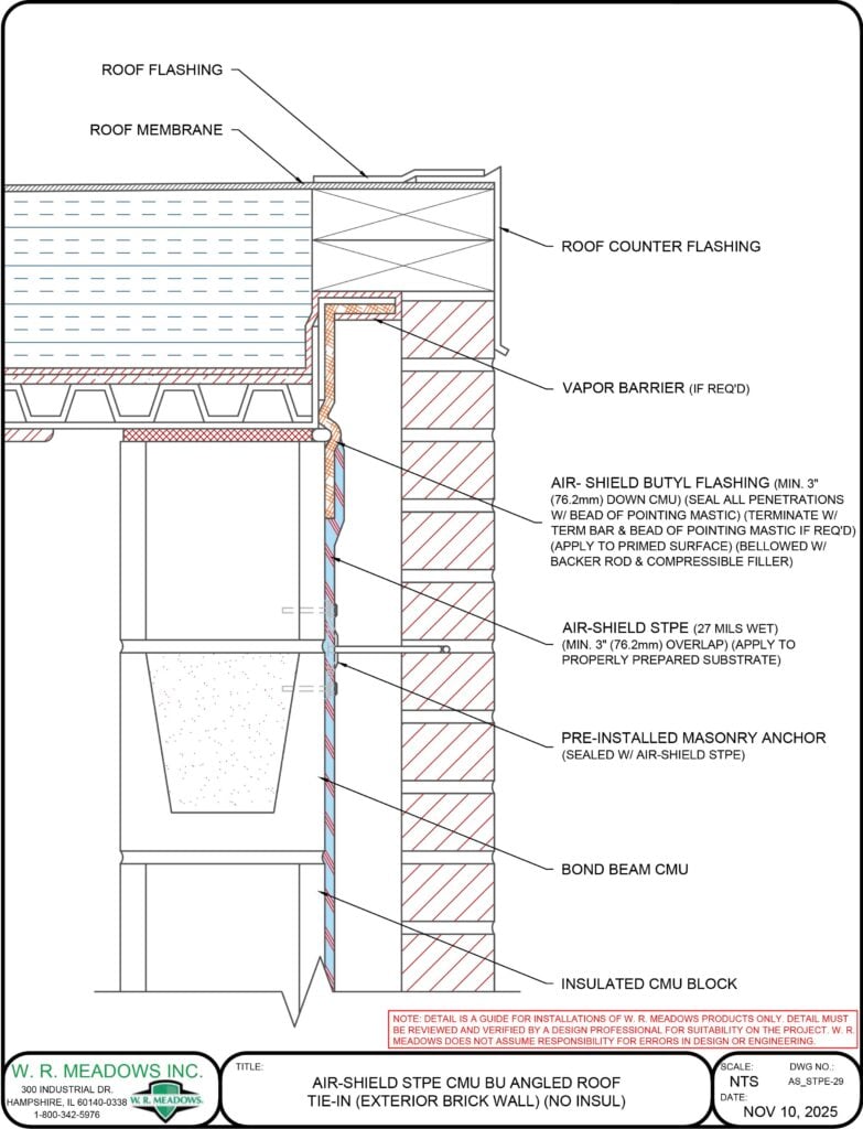AIR-SHIELD STPE CMU BU ANGLED ROOF TIE-IN (EXTERIOR BRICK WALL) (NO INSUL)