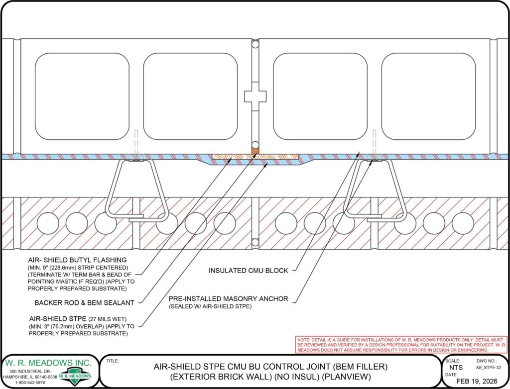 AIR-SHIELD STPE CMU BU CONTROL JOINT (BEM FILLER) (EXTERIOR BRICK WALL) (NO INSUL) (PLANVIEW)