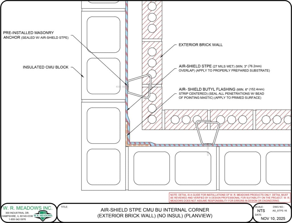 AIR-SHIELD STPE CMU BU INTERNAL CORNER (EXTERIOR BRICK WALL) (NO INSUL) (PLANVIEW)