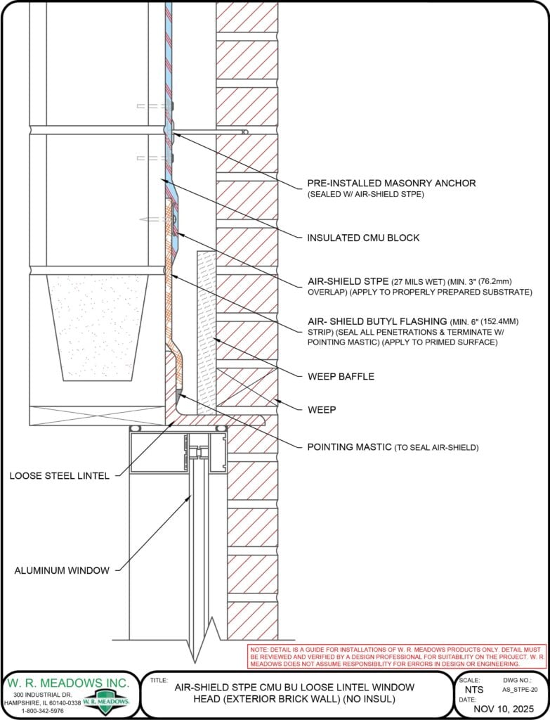 AIR-SHIELD STPE CMU BU LOOSE LINTEL WINDOW HEAD (EXTERIOR BRICK WALL) (NO INSUL)