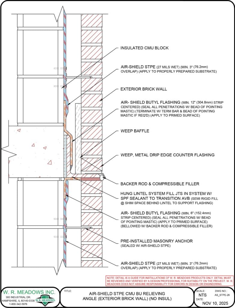 AIR-SHIELD STPE CMU BU RELIEVING ANGLE (EXTERIOR BRICK WALL) (NO INSUL)