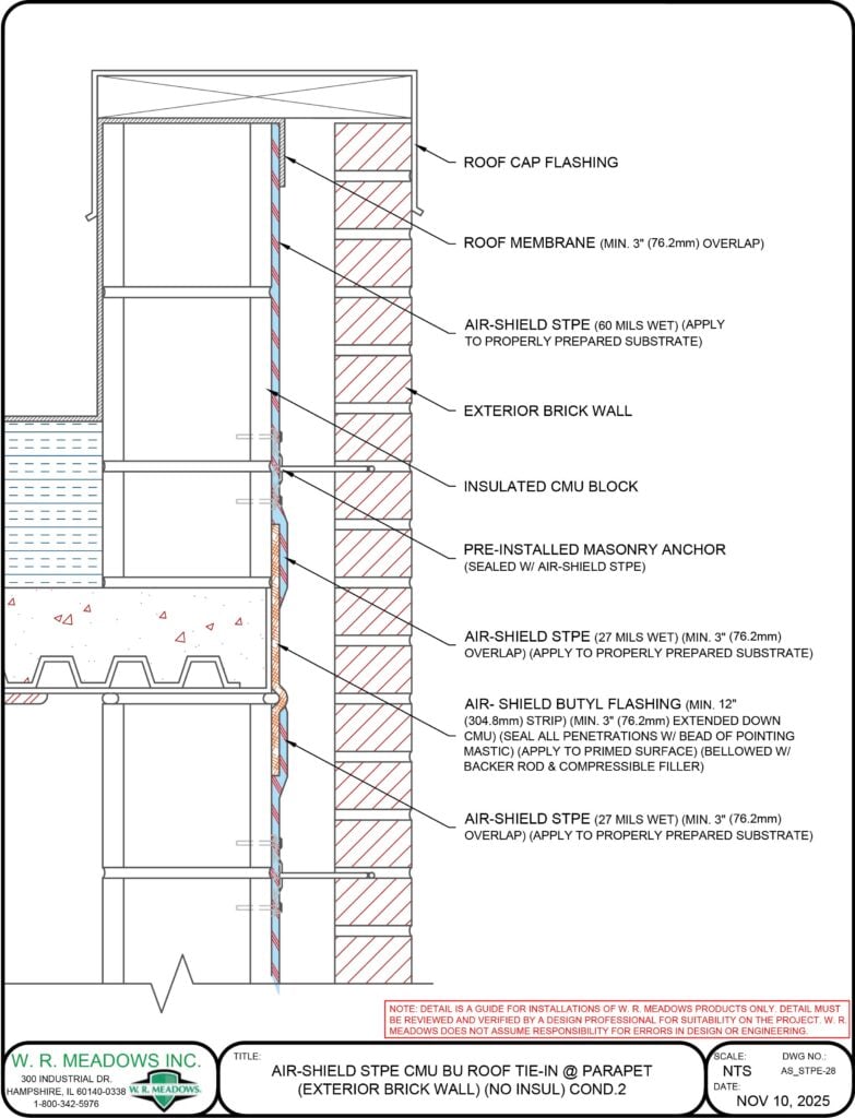AIR-SHIELD STPE CMU BU ROOF TIE-IN @ PARAPET (EXTERIOR BRICK WALL) (NO INSUL) COND.2