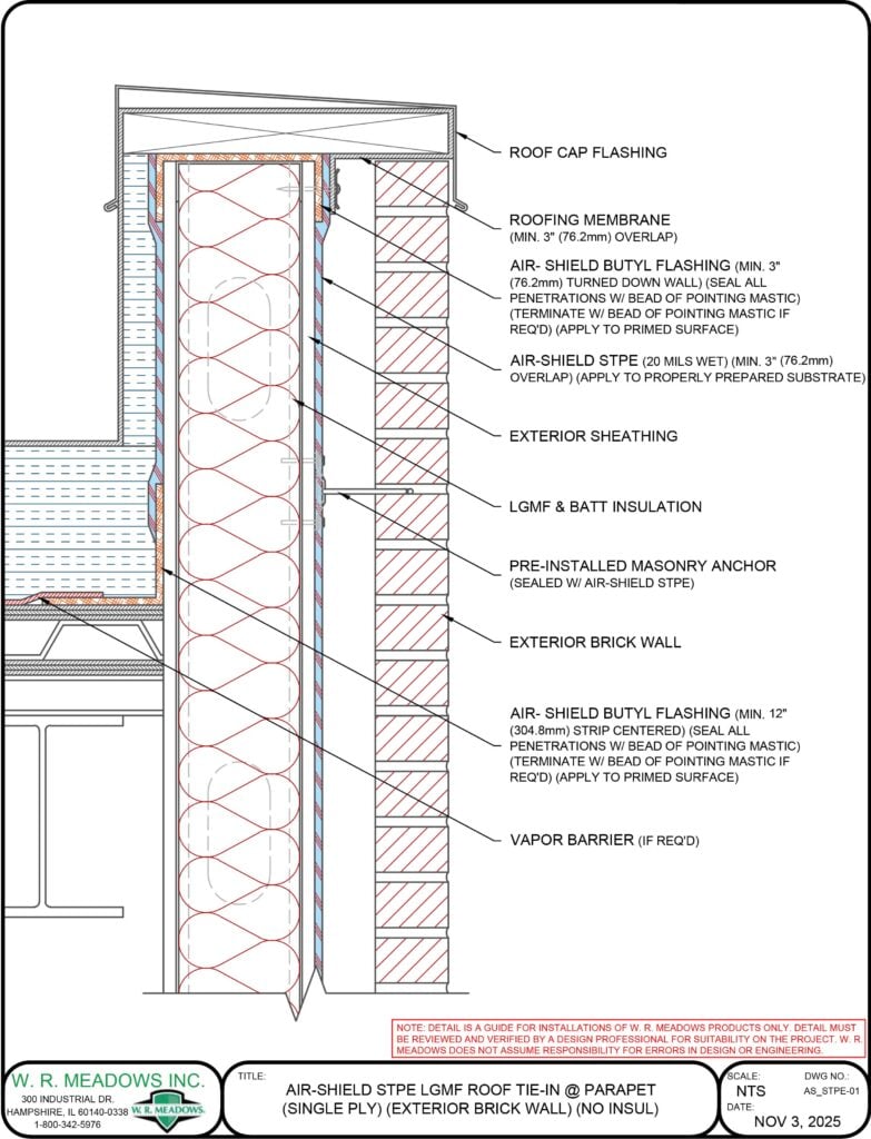 AIR-SHIELD STPE LGMF ROOF TIE-IN @ PARAPET (SINGLE PLY) (EXTERIOR BRICK WALL) (NO INSUL)
