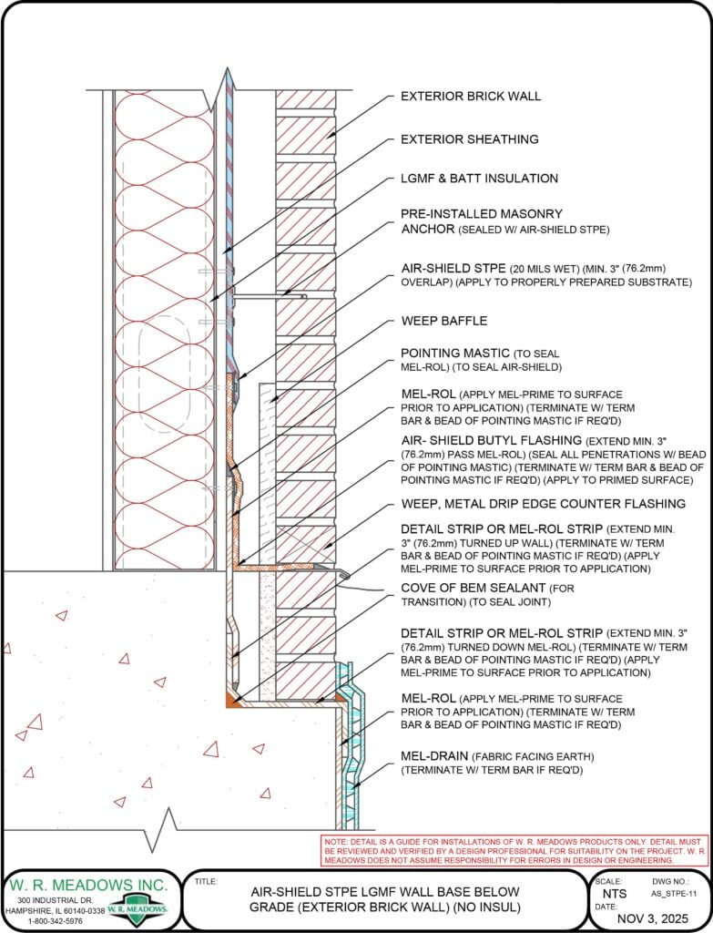 AIR-SHIELD STPE LGMF WALL BASE BELOW GRADE (EXTERIOR BRICK WALL) (NO INSUL)