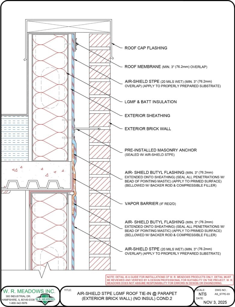 AIR-SHIELD STPE LGMF ROOF TIE-IN @ PARAPET (EXTERIOR BRICK WALL) (NO INSUL) COND.2